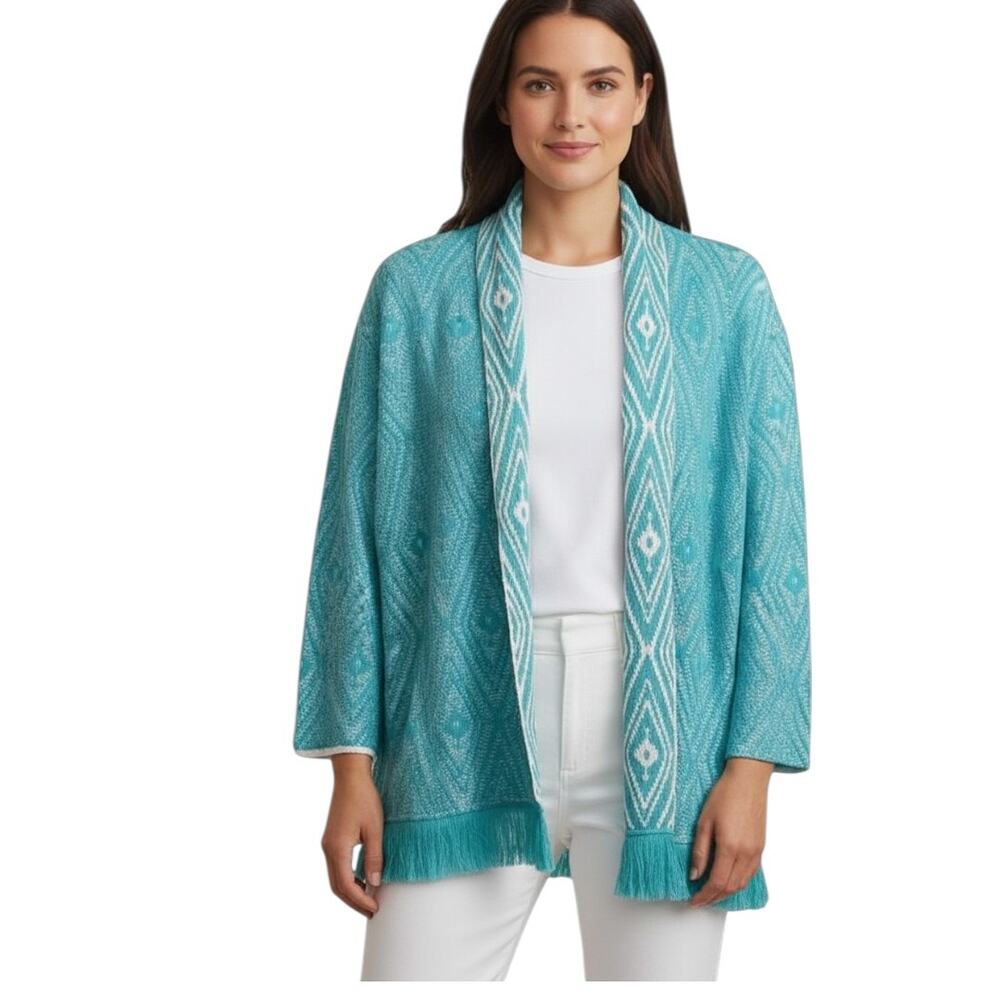 Ruby Rd Cardigan Women's‎ SZ 3X Open Turquoise White Fringe Hem Long Sleeve NWT